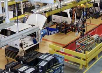 An assembly line works on producing the F-150 at a Ford Motor Company manufacturing complex in Dearborn, Michigan, on April 15, 2006.