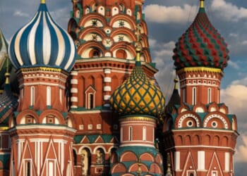 St. Basil’s Cathedral spires are pictured during the day.