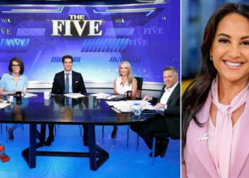Emily Compagno, right, has been chosen to replace Jeanine Pirro, pictured at far left, on Fox News' "The Five." She'll be seen along with fellow panelists, from second left, Jessica Tarlov, Jesse Watters, Dana Perino and Greg Gutfeld.