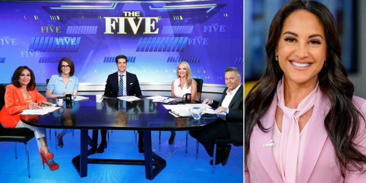 Emily Compagno, right, has been chosen to replace Jeanine Pirro, pictured at far left, on Fox News' "The Five." She'll be seen along with fellow panelists, from second left, Jessica Tarlov, Jesse Watters, Dana Perino and Greg Gutfeld.