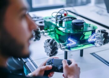 A Siemens trainee holds a game controller, operating a green robotic vehicle with LED lights and mecanum wheels on a table in a modern lab.