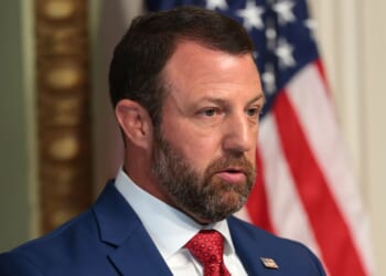 Secretary of Homeland Security Markwayne Mullin speaks during a July 17 news conference in Washington, D.C.