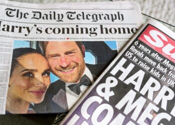Editions of The Daily Telegraph and The Sun show that the Duke and Duchess of Sussex will move back to the United Kingdom on Aug. 20, 2026.