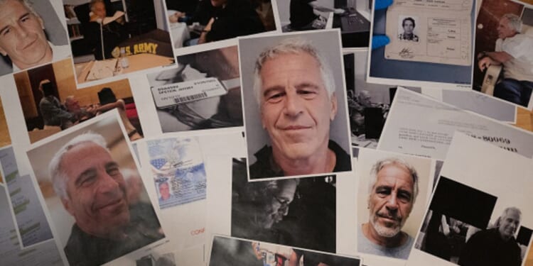 Pictures of Epstein are scrambled upon a wooden table.