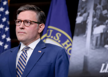 Mike Johnson in a blue suit and striped tie stands in front of U.S. flags, a sign with a black-and-white photo labeled LINE, and what appears to be the entrance to a government house. He appears serious and attentive.