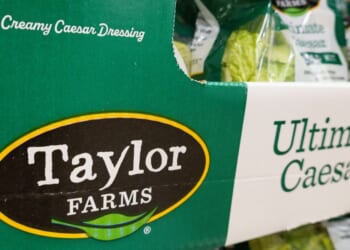 Packages of Taylor Farms Ultimate Caesar Salad Kit are displayed for sale in the refrigerated produce department at a Costco Wholesale warehouse on July 29, 2026, in Arlington, Virginia.