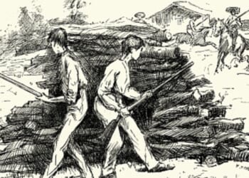 A vintage depiction of a scene from “The Adventures of Huckleberry Finn” is pictured.