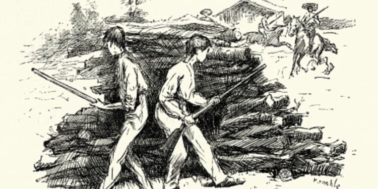A vintage depiction of a scene from “The Adventures of Huckleberry Finn” is pictured.