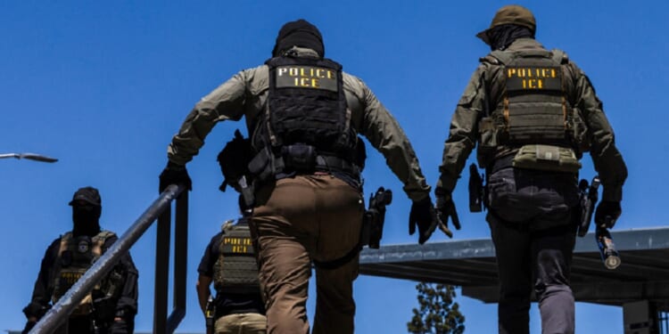 Immigration and Customs Enforcement agents are pictured outside the Ventura County Government Center in Ventura, California, on July 27.
