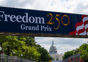 signage for the IndyCar series Freedom 250 Grand Prix on the National Mall in Washington, DC.