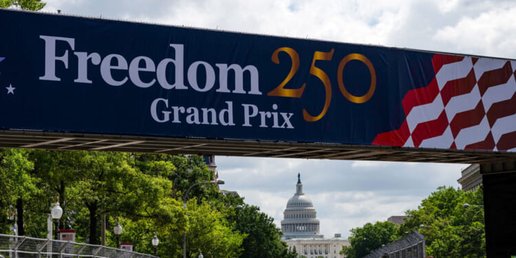 signage for the IndyCar series Freedom 250 Grand Prix on the National Mall in Washington, DC.