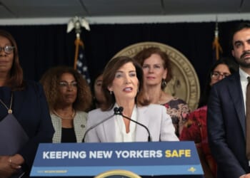 New York Gov. Kathy Hochul speaks as New York Attorney General Letitia James and New York City Mayor Zohran Mamdani listen during a press conference on Immigration and Customs Enforcement actions on Aug. 12, 2026, in New York City.