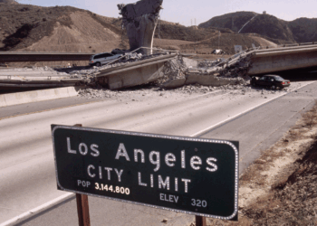 A collapsed freeway overpass blocks a deserted highway near a Los Angeles City Limit sign, with hills in the background and one car parked near the rubble.