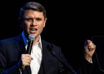 James Talarico speaks at a rally for his Senate campaign in Pasadena, Texas on August 9, 2026.