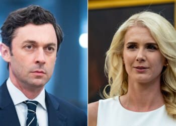 A split image shows a man in a suit and tie on the left with dark hair, and a woman with long blonde hair and a white top on the right, both in professional settings.