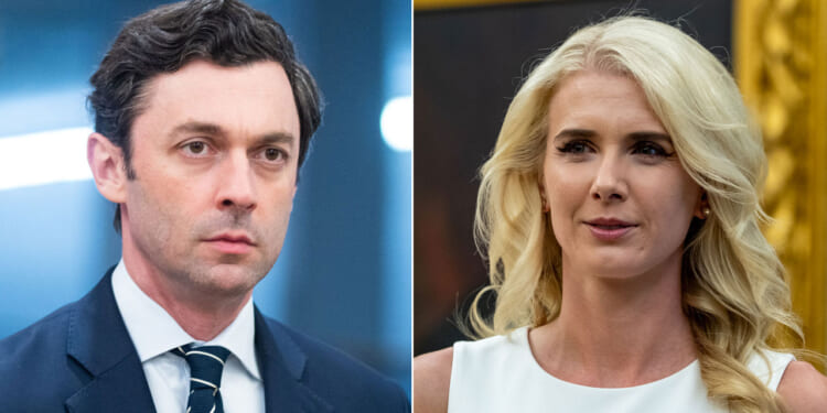 A split image shows a man in a suit and tie on the left with dark hair, and a woman with long blonde hair and a white top on the right, both in professional settings.