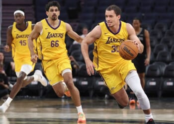 Chris Manon #30 of the Los Angeles Lakers dribbles the ball up court against the San Antonio Spurs at Chase Center on July 6 in San Francisco, California.