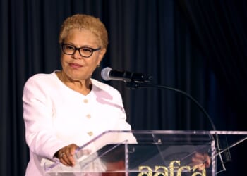 Karen Bass, Mayor of Los Angeles, speaks onstage during the 8th Annual AAFCA TV Honors at City Club LA on Aug. 8, 2026, in Los Angeles, California.