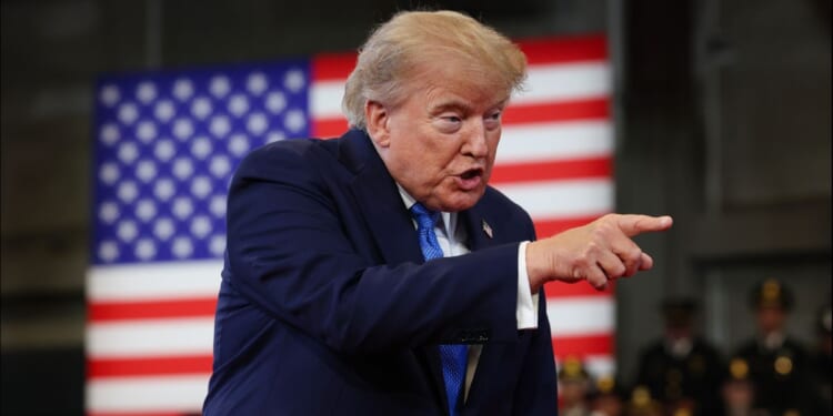 President Donald Trump speaks at the David S. Mack Center for Training and Intelligence on Aug. 14, 2026 in Garden City, New York.
