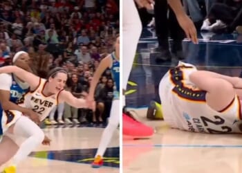 The Indiana Fever's Caitlin Clark is fouled hard during a WNBA game against the Dallas Wings on Aug. 20, 2026 in Dallas, Texas.