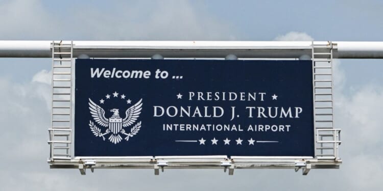 The welcome sign posted outside of the Donald J. Trump International Airport in West Palm Beach, Florida, on July 9, 2026.