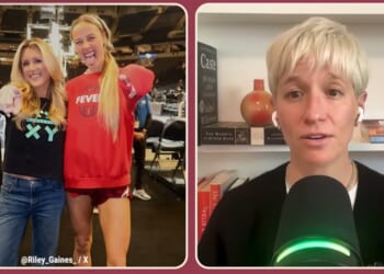 Former collegiate swimmer and activist Riley Gaines with Indiana Fever guard Sophie Cunningham, left; former women's soccer star Megan Rapinoe, right.