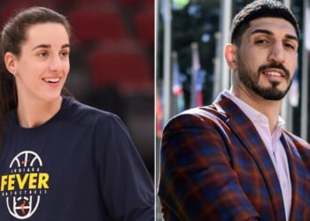 American basketball player Enes Kanter Freedom, right, is looking forward to teaming up with WNBA star Caitlin Clark.