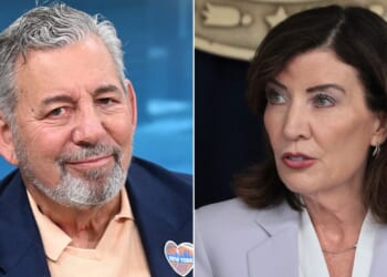 Billionaire James Dolan, left, owner of the NBA champion New York Knicks, is pouring millions into the campaign for Republican Bruce Blakeman, who is running to replace Democratic New York Gov. Kathy Hochul, right.