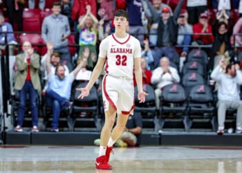 Kai Spears reacts after making a late-game three-point shot for the Alabama Crimson Tide against the Mississippi State Bulldogs at Coleman Coliseum on Feb. 3, 2024, in Tuscaloosa, Alabama.