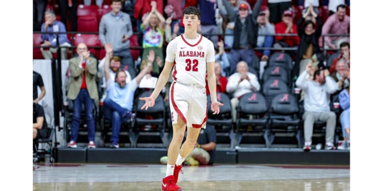 Kai Spears reacts after making a late-game three-point shot for the Alabama Crimson Tide against the Mississippi State Bulldogs at Coleman Coliseum on Feb. 3, 2024, in Tuscaloosa, Alabama.