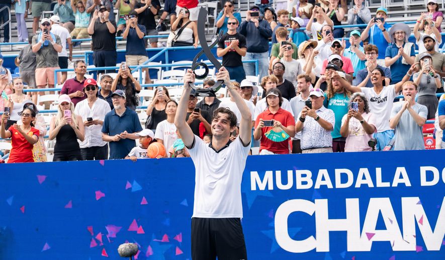 Taylor Fritz of the United States celebrates after beating Rafael Jodar of Spain in the ATP final of the DC Open tennis tournament in Washington, D.C., Monday, August 3, 2026. (All-Pro Reels)