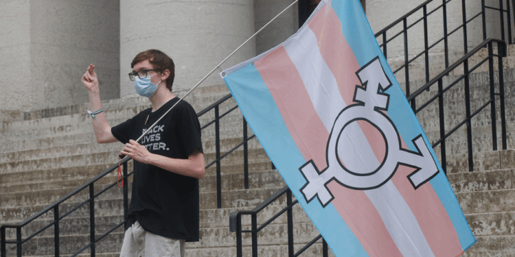 A person wearing a mask and a Black Lives Matter shirt stands on stone steps in Ohio, holding a large transgender pride flag next to black railings.