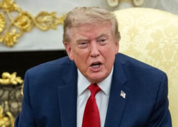 President Donald Trump speaks with reporters at the White House in Washington on Aug. 17, 2026.