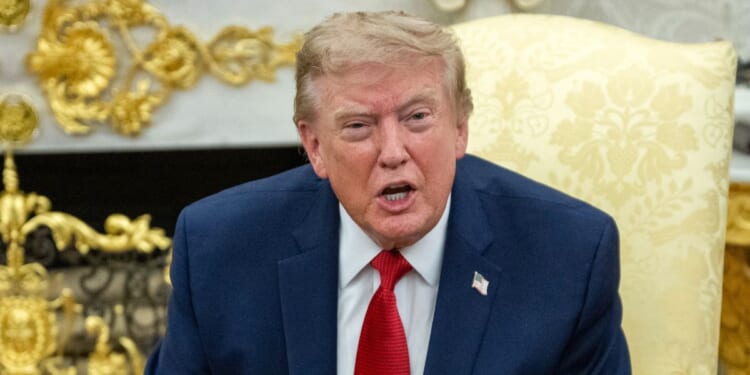 President Donald Trump speaks with reporters at the White House in Washington on Aug. 17, 2026.