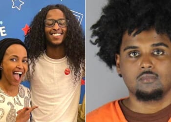 Rep. Ilhan Omar, a Minnesota Democrat, left, is pictured with her son Adnan. At right, Adnan's roommate, Abdulrahman Abdi, was arrested after police raided the apartment shared by the two young men.