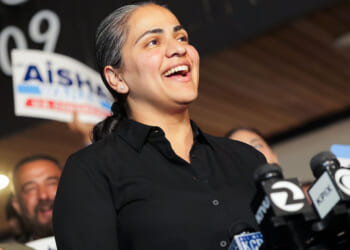 U.S. House candidate, California state Sen. Aisha Wahab speaks to the media during an election-night watch party at Firefighters Local 1909 on August 18, 2026 in Hayward, California. (Heather Diehl/Getty Images)