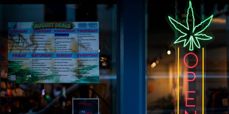 A marijuana store window is pictured from the street on August 5, 2026 in San Francisco, California.