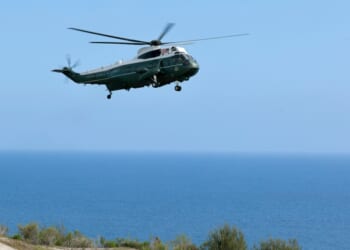 Marine One carrying President Donald Trump arrives at the Trump National Golf Club Los Angeles on Aug. 4, 2026, in Rancho Palos Verdes, California.