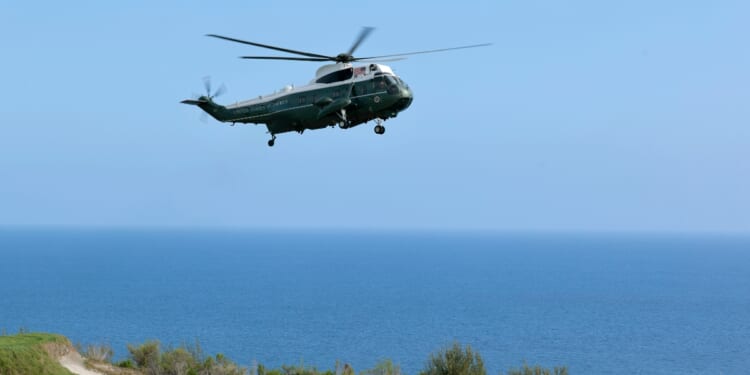 Marine One carrying President Donald Trump arrives at the Trump National Golf Club Los Angeles on Aug. 4, 2026, in Rancho Palos Verdes, California.
