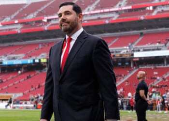 Owner Jed York of the San Francisco 49ers stands on the field Dec. 14 before an NFL football game against the Tennessee Titans at Levi's Stadium in Santa Clara, California.