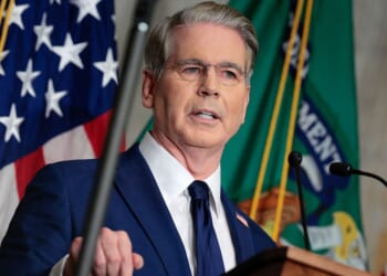 Treasury Secretary Scott Bessent announces a new set of sanctions against Iran, describing them as "an economic D-Day", at the Treasury Department in Washington, D.C.