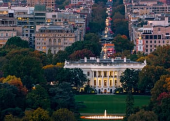 A helicopter shot of the White House in Washington, D.C.