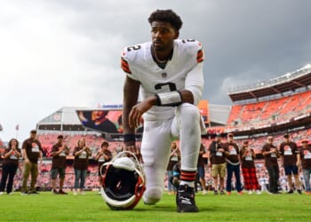Shedeur Sanders #2 of the Cleveland Browns kneels to pray Saturday before a preseason game against the Buffalo Bills at Huntington Bank Field in Cleveland, Ohio.