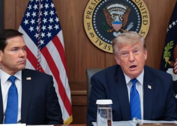 President Donald Trump, pictured with Secretary of State Marco Rubio, left, speaks during a July 31 Cabinet meeting at Camp David, the presidential retreat in Maryland.