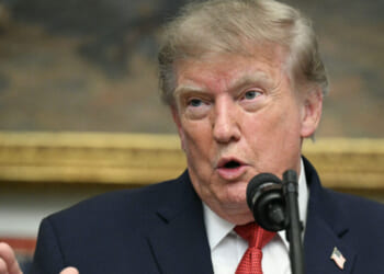 President Donald Trump in a dark suit speaks into a microphone, gesturing with his hand. He has light hair and is standing in front of a blurred painting or background.