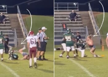 The girl ran onto the field and tackled a player, left, then got up and went after him again.