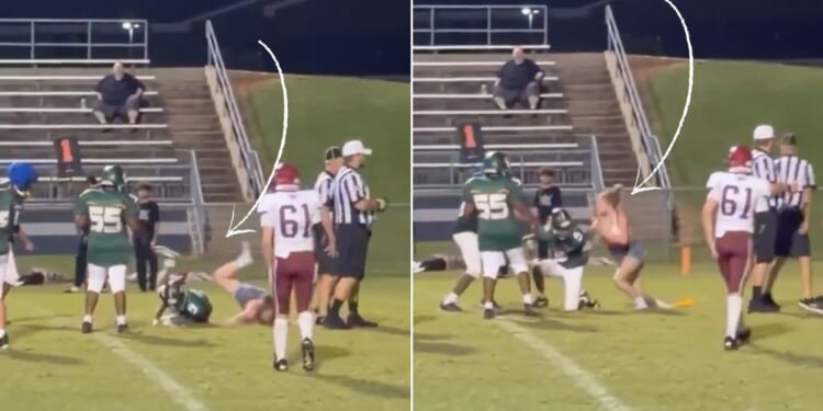 The girl ran onto the field and tackled a player, left, then got up and went after him again.