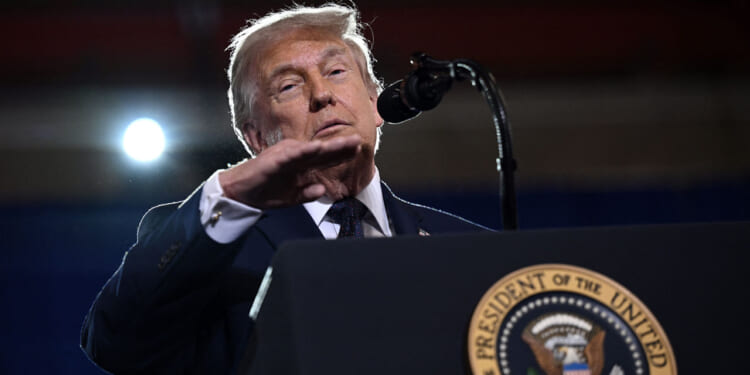 President Donald Trump delivers a speech about the economy at Rockland Community College Fieldhouse in Suffern, New York, on May 22, 2026. Trump is the first sitting president to visit the northern New York City suburbs since Gerald Ford in 1976. (Photo by Brendan SMIALOWSKI / AFP via Getty Images)