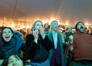 New Yorkers celebrate as NY1 projects Zohran Mamdani winner in the mayoral election, at the Bohemian Hall & Beer Garden on November 4, 2025 in the Queens borough of New York City. The watch party was one of many hosted by the New York City chapter of the Democratic Socialists of America in support of Mamdani. (Photo by Jeremy Weine/Getty Images)