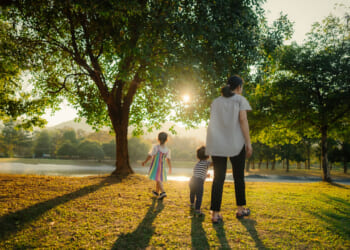 A woman and two children walk on grass near a lake under large trees at sunset, casting long shadows in a park. skaman306